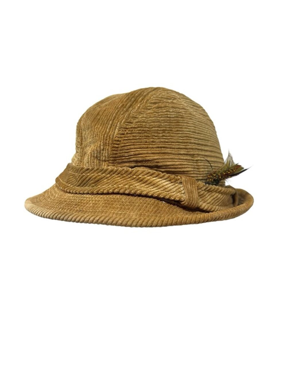 Vintage Corduroy Fedora Hat Tan Feather Accent Men’s Size 7 Country Gentleman